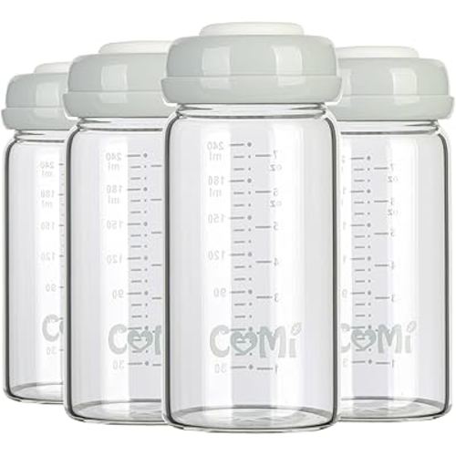 COMI Wide Neck Glass Breastmilk Collection n Storage Bottle, 8oz with Screw Ring Sealing Disk; Re-markable Sealing Disc. BPA Free, Fits Breast Pumps & Nipples (4 Gray Lids)