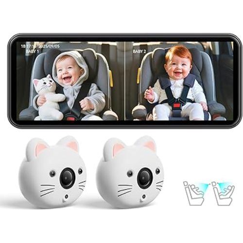 Baby Car Camera for 2 Kids – 6.9” IPS Split-Screen Monitor with Dual 1080P HD Rear-Facing Car Seat Cameras, Cute Replaceable Cat Covers, Night Vision, Type-C Power, Easy Install for Twins or Siblings