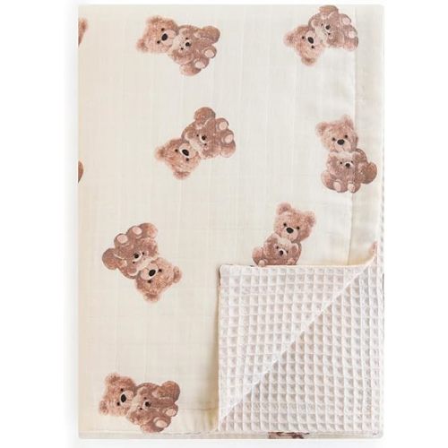 LifeTree Baby Waffle Blankets, Neutral Muslin Swaddle Blankets for Boys Girls, Double-Sided Neutral Receiving Blankets with Muslin Front and Waffle Backing Infant Newborn, Bear Pattern