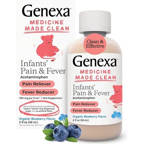 Genexa Infants’ Pain and Fever Reducer | Baby Acetaminophen, Dye Free, Liquid Oral Suspension Medicine for Infant | Delicious Organic Blueberry Flavor | 160 mg per 5mL | 2 Fluid Ounces