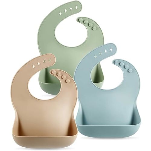 PandaEar Set of 3 Silicone Baby Bibs- Brown/Blue/Green