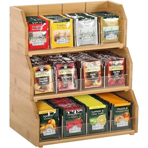 3 Layer Stackable Bamboo Tea Bag Organizer, Tea Bag Storage Holder, Wood Tea Box Containers, Tea Rack Teabag Station Stand for Cabinet Countertop Office (Patented Design)