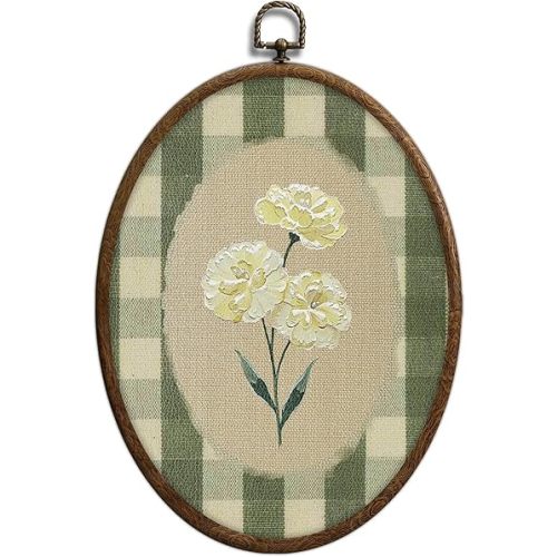 Flower Oval Wall Art, Green Gingham Oval Cottage wall Decor, Retro Botanical Grandma Cottage Core Home Decor for Western Farmhouse Bedroom Living Room, Home Retro Decor Products, 7x10 Inches, 15