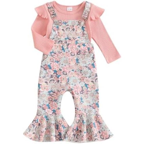 WZTYYDS Toddler Baby Girl Fall Clothes Floral Print Overalls Suspender Flare Pants Long Sleeve Ruffle Knit Top 2Pcs Outfits