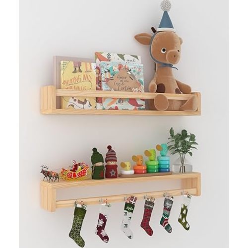 24 Inch Nursery Floating Shelves, Wood Nursery Book Shelves for Wall, Wall Bookshelf for Kids Solid Wood Wall Mounted Shelves for Books,Toys and Decor Storage, Set of 2