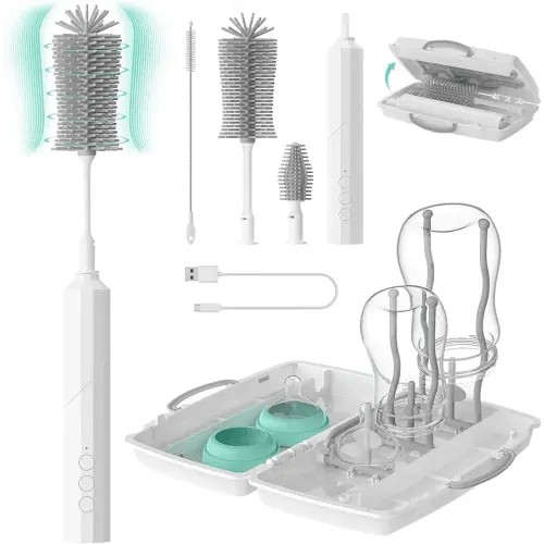 7 in 1 Electric Baby Bottle Brush Kit - Brush Handle Rotated 90°Design, Silicone Bottle Brush, Nipple Cleaner Brush, Straw Brush, Drying Rack for Home and Travel Better Cleaning