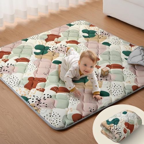 Blissful Diary Portable Baby Play Mats for Floor, Thicker Cushioned Foldable Baby Crawling Mat for Indoor Outdoor, Non-Slip & Washable Kids Playmat for Tummy Time Activity, Boho 43" X 43"