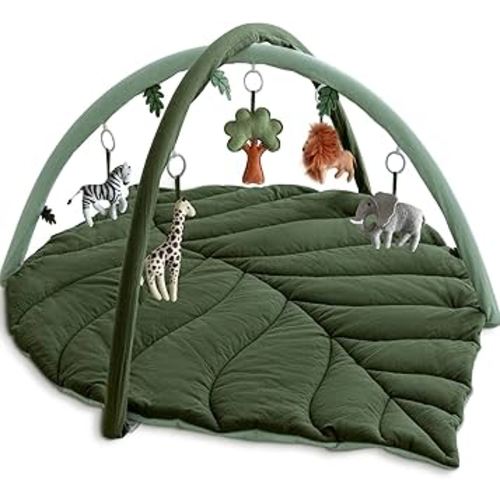 Baby Play Gym with Mat Leaf Shaped, Baby Play Mat with 6 Hanging Toys Tummy Time Mat, Baby Gym Activity Center, Washable (Green)
