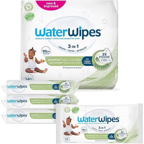 WaterWipes Plastic-Free Textured Clean, toddler & baby Wipes, 99.9% Water Based Wipes, Unscented & Hypoallergenic for Sensitive Skin, 1080 Count (18 packs)