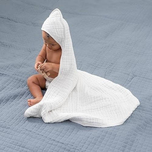 Comfy Cubs Baby Hooded 9 Layer Muslin Cotton Towel for Kids, Large 32” x 32”, Ultra Soft, Warm, and Absorbent. Baby Essentials Bath Towels, Cute Unisex Cover for Girls and Boys (Pack of 1, White) - Pack of 1 - Baby