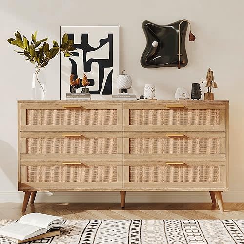 Rovaurx 6 Drawer Double Dresser for Bedroom, Rattan Chest of Dressers, Modern Wooden Dresser Chest with Golden Handles, Beside Table for Closet, Living Room and Entryway, Natural RDG001M