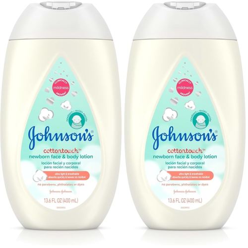 Johnson's CottonTouch Newborn Baby Face and Body Lotion, Hypoallergenic Moisturization for Baby's Skin, Made with Real Cotton, Paraben-Free, Dye-Free, 13.6 fl. oz (Pack of 2)