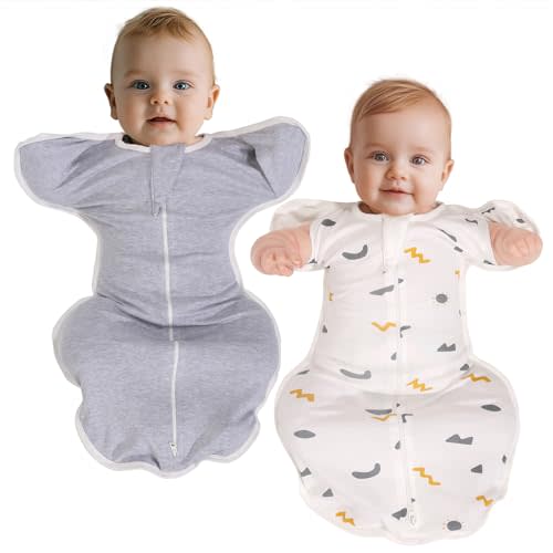 WODHOY Transition Swaddle 0-3 Months, 2-Pack Transitional Swaddle Sack with 2 Way Zipper, 100% Cotton Transition Swaddle for Newborns Arms in/Out, Arms up Swaddle, 0.5 Tog Baby Swaddle Sleep Sack