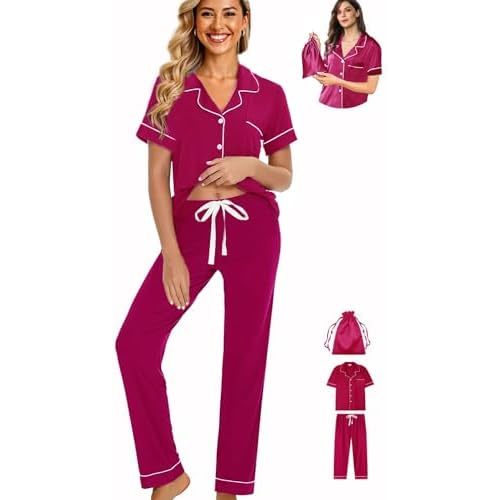 Womens 3Pcs Pajamas Set Soft Pajama Sets Button Down Pjs Set Knit Sleepwear Lounge Sets with Long Pants XS-XXL