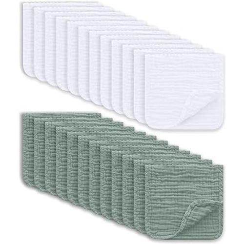 Muslin Burp Cloths Large 100% Cotton Hand Washcloths for Boys & Girls, Baby Essentials Extra Absorbent and Soft Burping Rags for Newborn Registry (White & Green, 24-Pack, 20" X10")