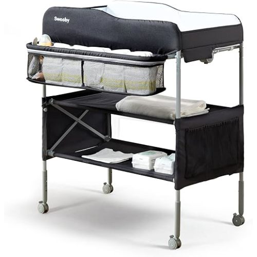 Sweeby Portable Baby Changing Table, Foldable Changing Table Dresser Changing Station for Infant, Waterproof Diaper Changing Table Pad Topper, Mobile Nursery Organizer for Newborn Essentials (Black)