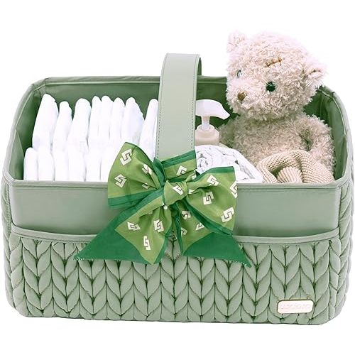 Luxurious Baby Diaper Caddy, Nursery Storage Basket for Newborn Essentials, Travel Baby Basket for Diapers Baby Wipes, Organizer Tote Bag Storage Bin, Baby Shower Gifts(Sage Green)
