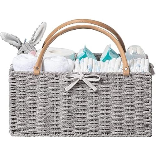 HBlife Large Baby Diaper Caddy Organizer, Paper Rope Storage Baskets Nursery Bin with Removable Divider, Portable Car Organizer for Diapers, Baby Shower Gifts, Newborn Essentials Must Haves
