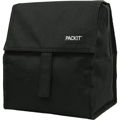 PackIt Freezable Lunch Bag, Black, Built with EcoFreeze Technology, Foldable, Reusable, Zip and Velcro Closure with Buckle Handle, Perfect for School and Office Lunches