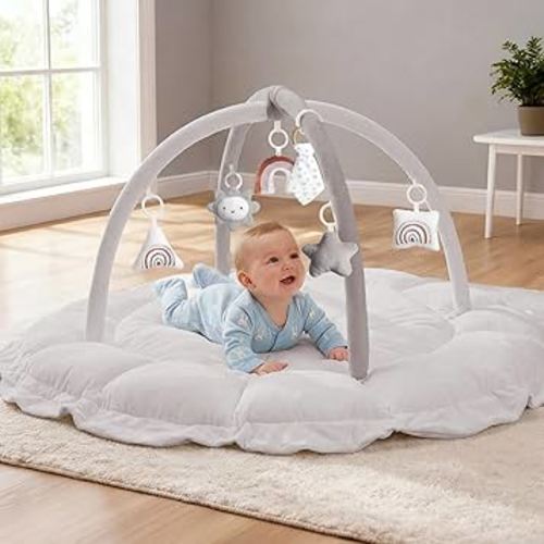 5-in-1 Thick & Plush Baby Play Gym, Baby Play Mats for Floor, Tummy Time Mat with 6 Toys, Convertible Stage-Based Developmental from Babies to Toddlers, Ball Pit, Grey
