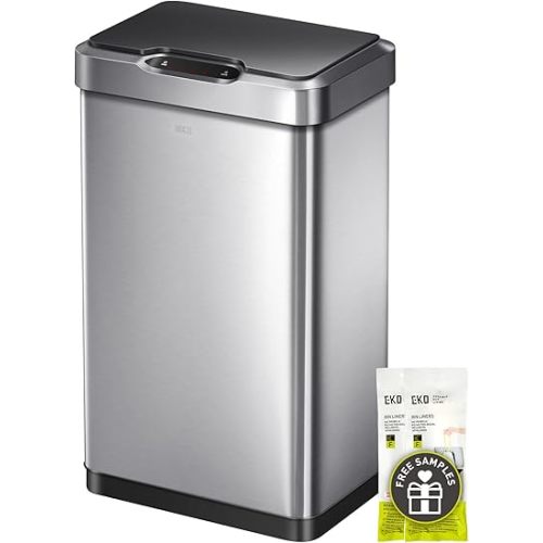 EKO Mirage-T 50 Liter / 13.2 Gallon Touchless Rectangular Motion Sensor Trash Can, Brushed Stainless Steel Finish