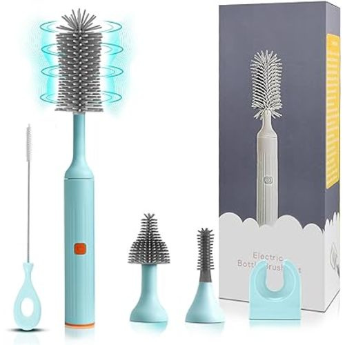 Electric Cleaning Brush with USB Rechargeable Electric Bottle Brush Cleaner and 3 Replaceable Silicone Bottle Brushes and Straw Cleaner Brush,Perfect Baby Gifts and Kitchen Brushes(Blue)