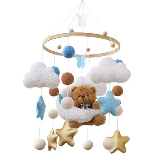 Baby Mobile for Crib Teddy Bear Plush Toy Stars Butterflies Cloud Crib Mobile Handmade Furry Nursery Mobile Gender Neutral Crib Toy Hanging for Nursery Decor Accessories