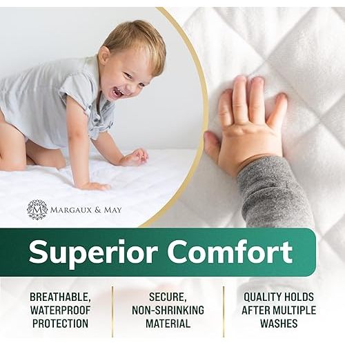 Crib Mattress Protector Pad - Ultra-Soft Waterproof Breathable Premium Bamboo Rayon - Noiseless Fitted Dryer Safe Cover. High Absorbency Oeko-TEX Certified (28 x 52 x 9 inches) MARGAUX & MAY
