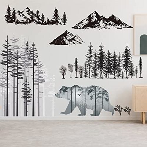 3 Sheets Mountain Forest Bear Wall Decals Stickers Pine Tree Wall Decals Woodland Trees Stickers Deer Forest Decor for Kids Nursery Bedroom Living Room Decor, 11.8 x 35.4 Inches