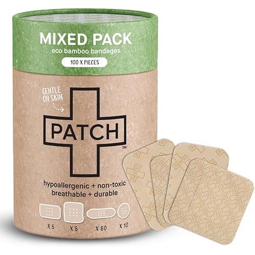 PATCH 100 Piece Value Pack Mixed Sizes - Eco-Friendly Bamboo Bandages for Cuts & Scratches, Hypoallergenic Wound Care for Sensitive Skin, Compostable & Biodegradable, Latex Free, Plastic Free