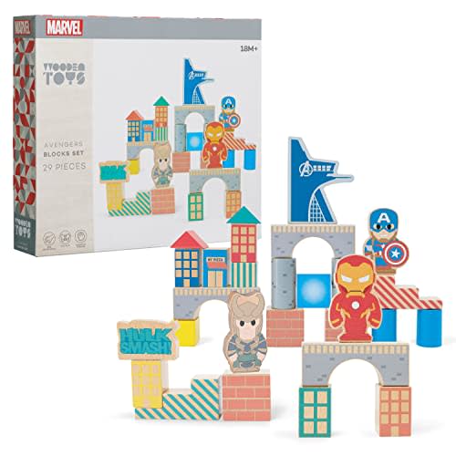 Just Play Disney Marvel Wooden Toys Avengers 29-piece Building Blocks Set, Officially Licensed Kids Toys for Ages 18 Month, Amazon Exclusive, Multi-color