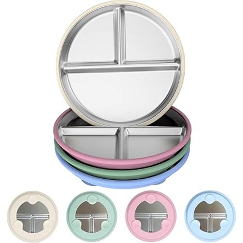 4 Pack Stainless Steel Baby Plates with Suction , 9” Toddler Divided Plates with Removable Anti-Slip Silicone Suction, 100% Food-Grade Material, Non Toxic&BPA Free, Kids Snack Dishes, Dishwasher Safe