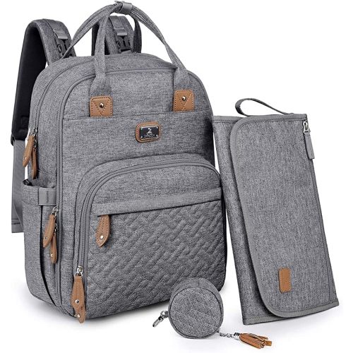 Dikaslon Diaper Bag Backpack with Portable Changing Pad, Pacifier Case and Stroller Straps, Large Unisex Baby Bags for Boys Girls, Multipurpose Travel Back Pack Moms Dads, Gray