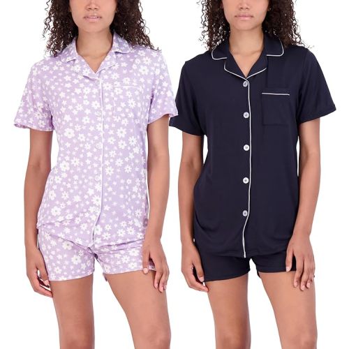 Real Essentials 2 Pack: Women's Pajamas Set Button Down Shorts & Pants Soft Matching Sleepwear (Available In Plus)