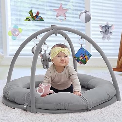 Hiseeme 5-in-1 Baby Play Gym Mat, Thick & Plush Baby Playmats, Tummy Time Mat with 5 Sensory Toys for Newborn Development, Baby Activity Gym for Infant with Non-Slip Foam Padding (Grey)