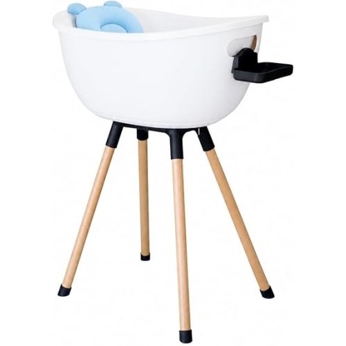Luxury Baby Bathtub with Wooden Stand – 3-Stage Convertible, Ergonomic & Back-Saving Design (Blue Bundle)