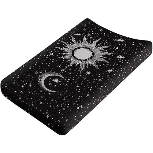 Moon Star and Sun Changing Pad Cover for Baby Girls Diaper Changing Pad Covers 32”x16” Newborn Infant Changing Table Sheet Changing Mat Covers Ultra Soft, Black