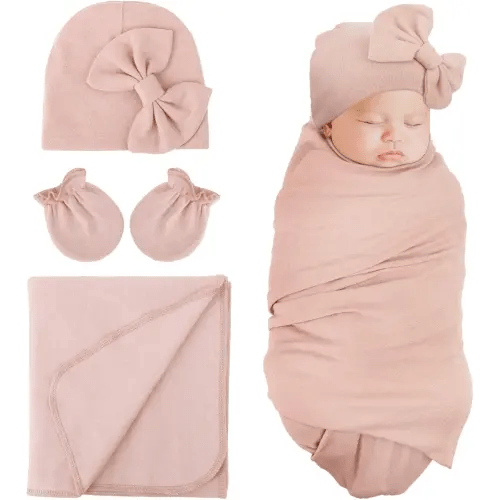 DRESHOW BQUBO Newborn Receiving Blanket Bow Hat Gloves Set Cotton Warm Baby Swaddle Blanket Wrap Baby Sleep Sack Shower Gift