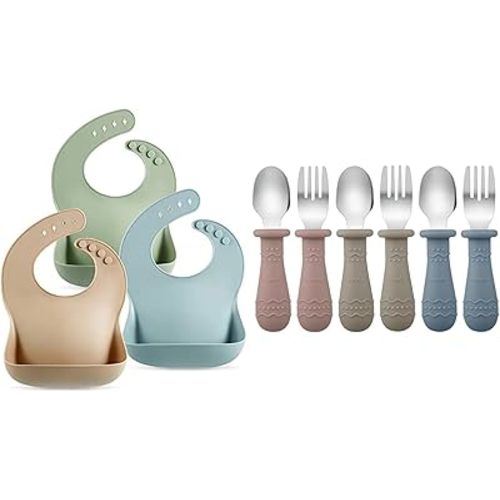 PandaEar Baby Bibs & Toddler Utensils (Blue/Brown/Red)