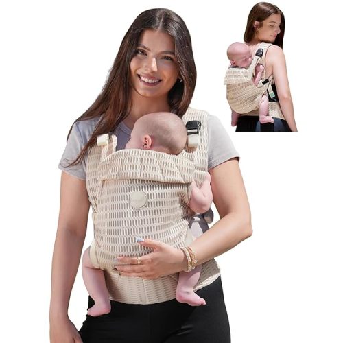 GROWNSY Baby Carrier Newborn to Toddler (7-44lbs), Ergonomic & Cozy Wraps Carrier with One-Click Buckle, Head Support for Hands-Free Comfort, Design for Infant to Toddler, Almond Beige