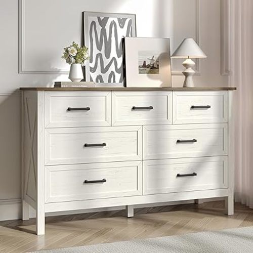 Farmhouse 7 Drawers Dresser for Bedroom, Modern Dresser TV Stand with Metal Handle, Natural Texture, Wood Rustic Chest of Drawers for Bedroom,Living Room,Hallway and Entryway, Antique White
