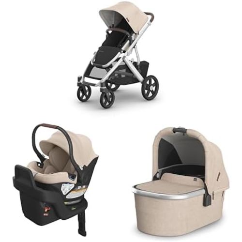UPPAbaby Travel System - Vista V3 Stroller + Aria Lightweight Car Seat Combo -Bassinet, Toddler Seat, Rain + Bug Shield, Car Seat, Base with Load Leg + Infant Insert Included – Declan (Oat Mélange)