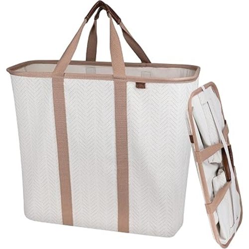 CleverMade Collapsible Laundry Caddy -LUXE Cream Herringbone 2Pack 64L -Foldable Storage Organization Container Clothes Laundry Room Storage Solution