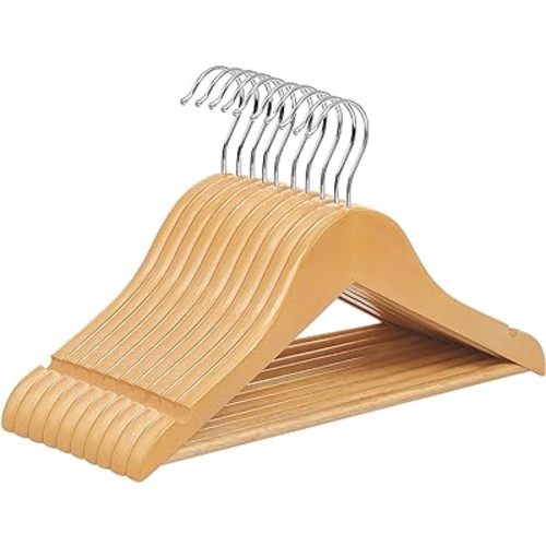 SONGMICS Kids Wooden Hangers 10 Pack, Solid Wood Baby Hangers, Children's Coat Hangers with Pants Bar, Shoulder Notches, Swivel Hooks, 12.6 x 7.5 Inches, Natural and Silver UCRW006N10