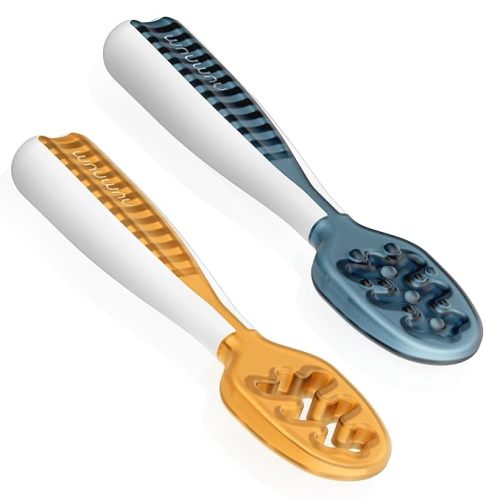 NumNum Baby Spoons Set, Baby Essentials Pre-Spoon GOOtensils for 6+ Months, First Stage Self-Feeding Spoons for Baby Led Weaning (BLW), Silicone Toddler Utensils, BPA-Free, 2 Pack Blue/Orange