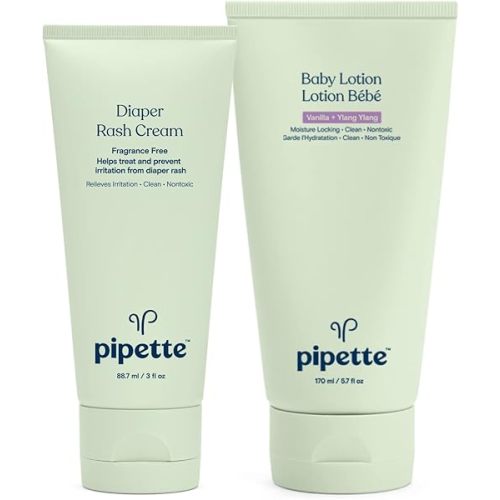 Pipette Diaper Rash and Baby Lotion Vanilla + Ylang Ylang Bundle - Relieve Diaper Rash with Non-Nano Zinc Oxide, Fragrance-Free Baby Butt Cream, Hydration & Natural Moisture of Baby's Delicate Skin