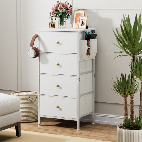 Rebrilliant Tall Dresser for Bedroom, 4 Drawer Dresser & Chests of Drawers, Fabric Dresser with Side Hooks White | Wayfair