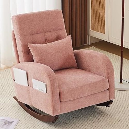 VINGLI Chenille Low Seat Rocking Chair,Upholstered Nursery Glider Chair with Side Pockets,Accent Arm Chair with High Backrest,Comfy Head Rest, and Solid Wood Base for Living Room Bedroom Balcony,Pink