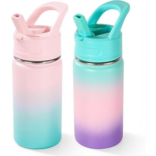 Fijinhom 12oz Water Bottle for School, Water Bottles with Straws, Insulated Water Bottles, Stainless Steel Vacuum Insulated Bottle, Leak-Proof, BPA-Free, Aurora + Bubble Gum