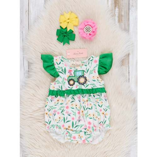 Green Floral Embroidered Tractor Ruffle Bubble